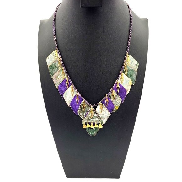 Statement Necklace Multi-Colored Metal Geometric Pendants on Purple Chain 23" - Picture 6 of 7
